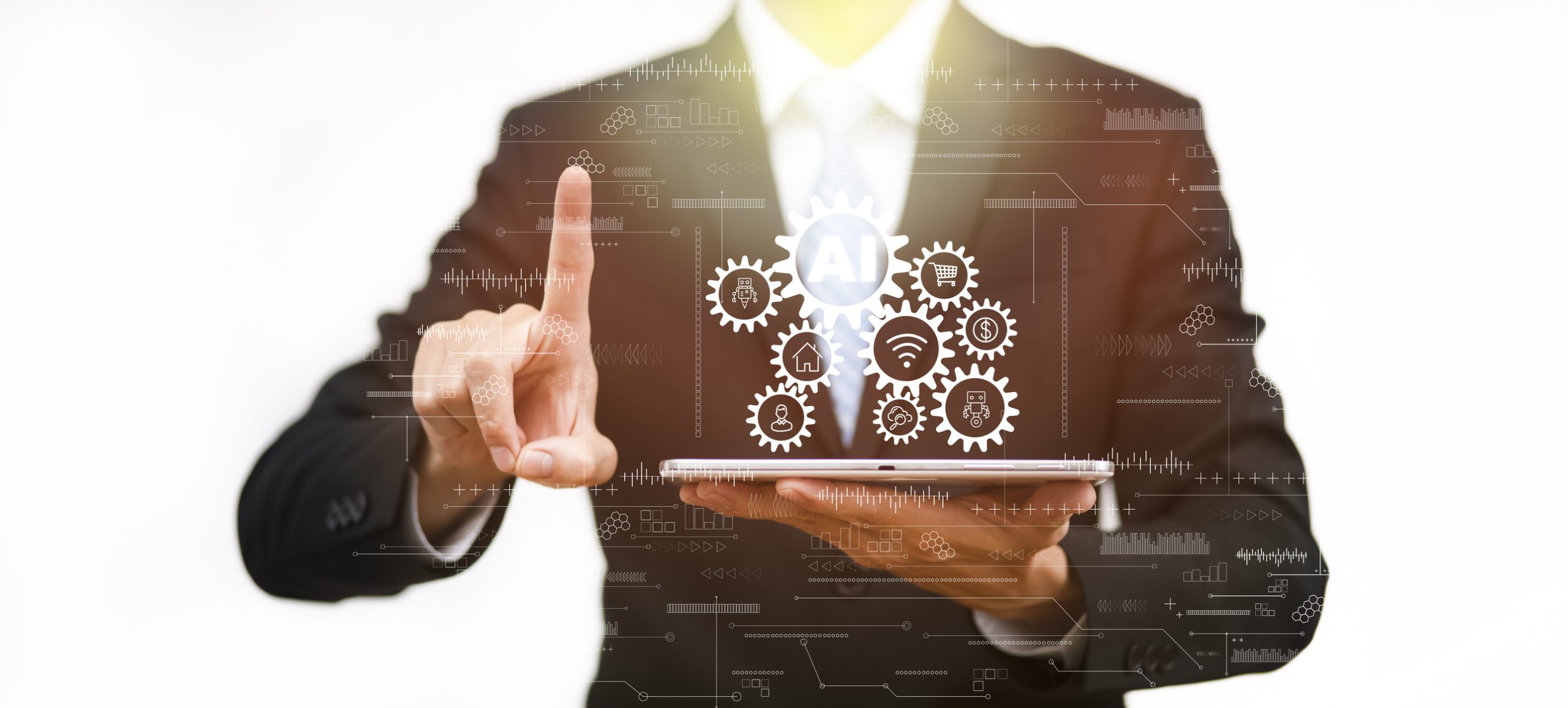 Businessman hold tablet and touch fingerprint interface scan password Artificial Intelligence (AI) technology icons, machine learning, digital transformation banner, information technology IT concept, - Recrutement grâce à l'intelligence artificielle | Big RiteFit